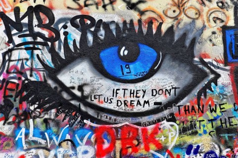John Lennon Wall, Graffiti, Prague, Czech Republic, Europe, Graffiti of a big blue eye with