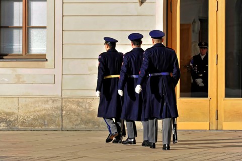 Changing of the guard at Prague Castle, Hradcany, Prague, Czech Republic, Europe, Three soldiers in