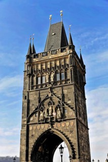 Old Town Bridge Tower on Charles Bridge in Prague, Gothic tower with ornate architectural details,