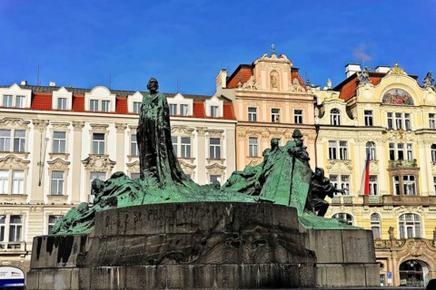 Jan Hus Monument on the Old Town Square, Prague, Czech Republic, Europe, Large monument in front of