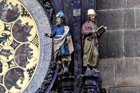 Old Town Hall, Old Town Square, Prague, Czech Republic, Detailed statues next to the astronomical