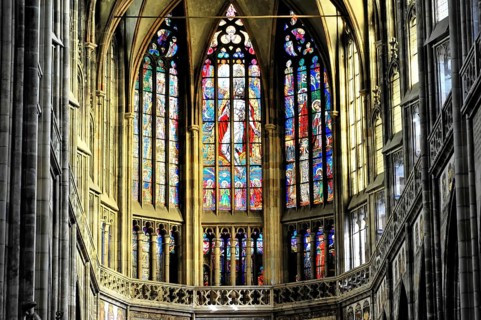 St. Vitus or St. Vitus Cathedral, Hradcany, Prague, Czech Republic, Europe, Gothic stained glass
