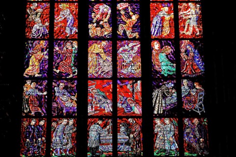 St Vitus or St Vitus Cathedral, Hradcany, Prague, Czech Republic, Europe, Close-up of a stained