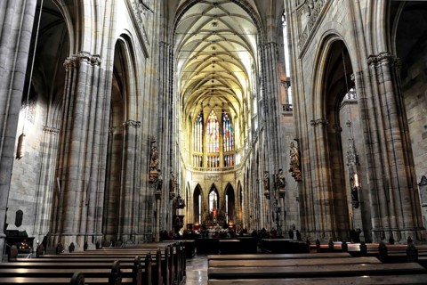 St Vitus or St Vitus Cathedral, Hradcany, Prague, Czech Republic, Europe, Elongated nave with pews