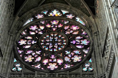 St. Vitus or St. Vitus Cathedral, Hradcany, Prague, Czech Republic, Europe, Large rose window with