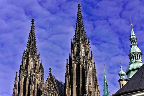 St Vitus or St Vitus Cathedral, Hradcany, Prague, Czech Republic, Europe, Two Gothic church towers