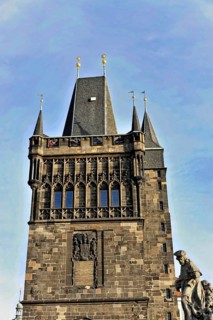 Prague, Czech Republic, Europe, Historic, mighty tower in Gothic style with battlements and