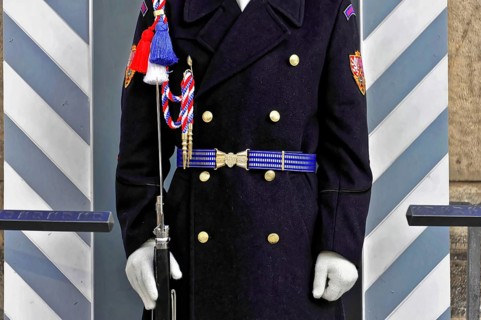Prague, Czech Republic, Europe, Ceremonially dressed soldier in blue uniform with conspicuous belt