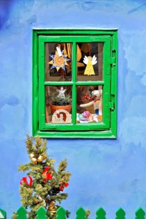 Prague, Czech Republic, Europe, Close-up of a decorated window with colourful toys and presents