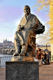 Smetana Monument, Prague, Czech Republic, Europe, Statue of a man on a promenade with people in the