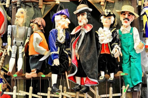 Prague puppets, Prague, Czech Republic, Europe, Differently dressed puppets lined up, colourful and