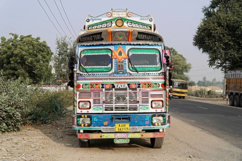 Kota, Rajasthan, North India, Asia, Decorated Indian lorry with detailed decoration on a country