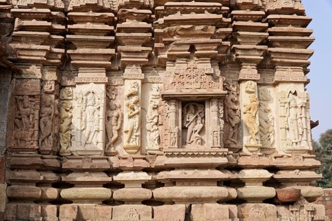 Kota, Rajasthan, North India, Asia, Temple facade with elaborate stone carvings and Hindu reliefs,