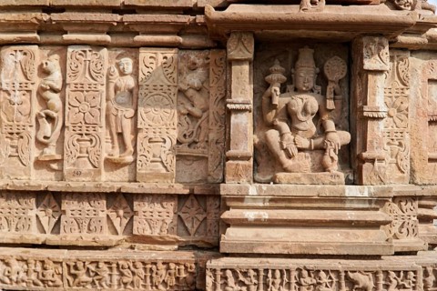 Kota, Rajasthan, North India, Asia, Detailed stone carvings with Hindu figures at a temple, India