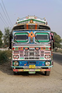 Kota, Rajasthan, North India, Asia, Colourfully decorated Indian truck on the shoulder of a country