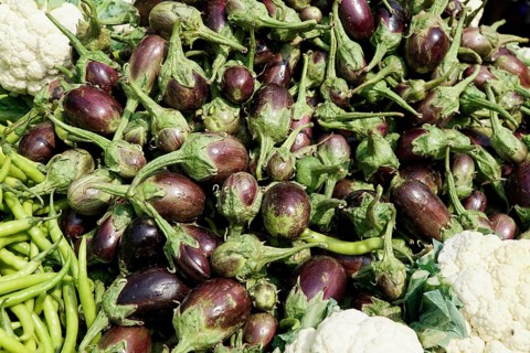 Kota, Rajasthan, North India, Asia, Fresh aubergines with green beans and some cauliflower on a
