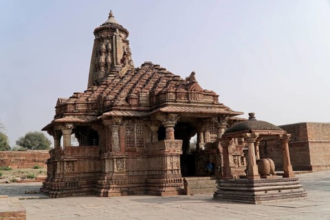 Kota, Rajasthan, North India, Asia, Historic temple with intricate stone carvings in a tranquil