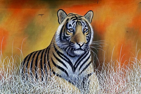 Painting, Sale, Souvenir, Udaipur, Rajasthan, India, Asia, Artistic depiction of a tiger in high