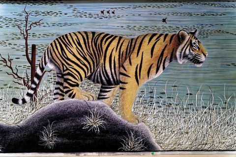 Painting, Sale, Souvenir, Udaipur, Rajasthan, India, Asia, A lifelike painting of a tiger standing