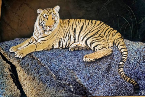 Painting, Sale, Souvenir, Udaipur, Rajasthan, India, Asia, A tiger rests on a rock at night,