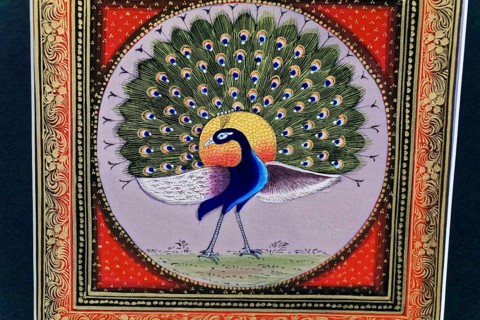 Painting, Sale, Souvenir, Udaipur, Rajasthan, India, Asia, Decorative peacock in an ornate,