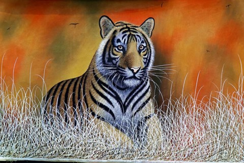 Painting, Sale, Souvenir, Udaipur, Rajasthan, India, Asia, Painting of a tiger in a savannah at