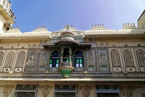 City palace, Udaipur, Rajasthan, India, Asia, Detailed decorated façade with mosaic and ornate