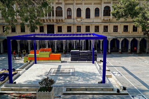 Udaipur, Rajasthan, North India, Asia, courtyard with decorative set-up and preparations for an