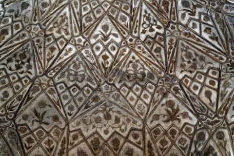 Red Fort, Agra, Uttar Pradesh, India, Artfully decorated patterns and details on a symmetrical