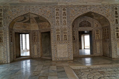 Red Fort, Agra, Uttar Pradesh, India, Historic interior with arches and richly decorated marble