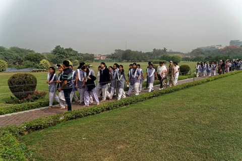 Agra, Jodhpur, Rajasthan, North India, Asia, A large group of people in uniforms walk along a path
