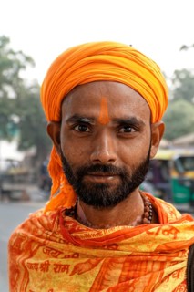 Agra, Jodhpur, Rajasthan, North India, AsiaPortrait of a man with orange turban and traditional