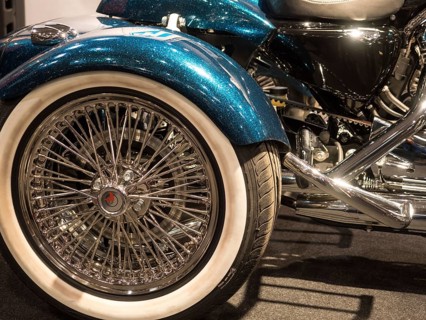 Shiny motorbike wheel with chrome spokes and white-walled tyres, dortmund, deutchland