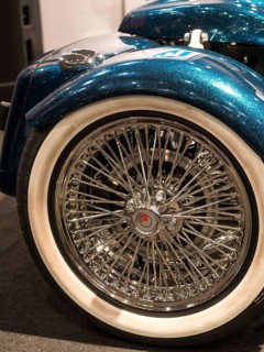 Rear tyre of a motorbike with chrome rim and retro-style wire spokes, dortmund, deutchland