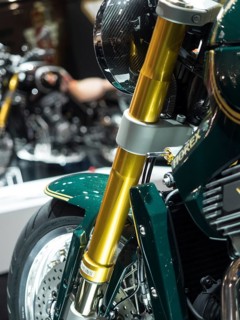 Detail of the front suspension of a modern motorbike with golden fork, dortmund, deutchland