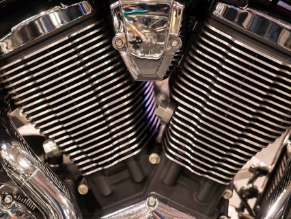 Close-up of a chrome-plated motorbike engine cylinder, Dortmund, Germany