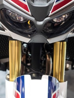Sporty motorbike front with stripe pattern and innovative headlight design, dortmund, deutchland