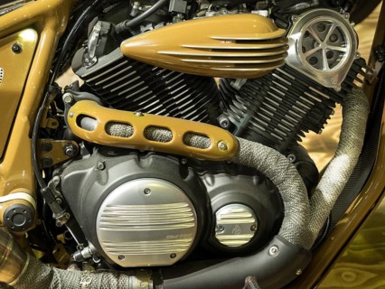 Detail of the motorbike engine with cylinders and in gold-coloured design, dortmund, deutchland