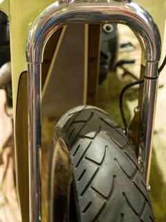 Close-up of a motorbike tyre with shiny chrome suspension, dortmund, deutchland