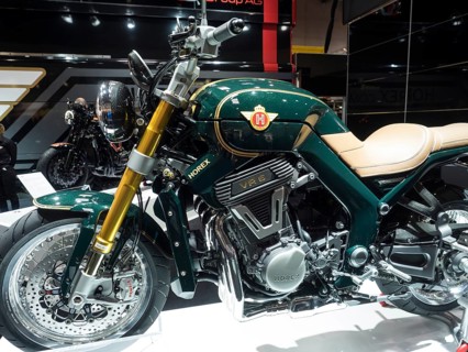 Modern motorbike model with VR6 engine, black finish and leather seat on a platform, dortmund,