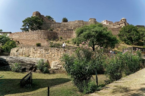 Spacious historical fortifications in a green, sunny landscape, Ranakpur, Jodhpur, Rajasthan, North