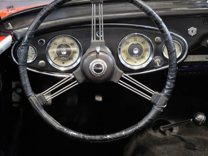 A stylish steering wheel in a classic car, featuring a retro feel and classic instruments, Cologne,
