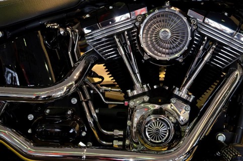 Detailed view of a shiny Harley-Davidson motorbike engine, impressive mechanical workmanship,