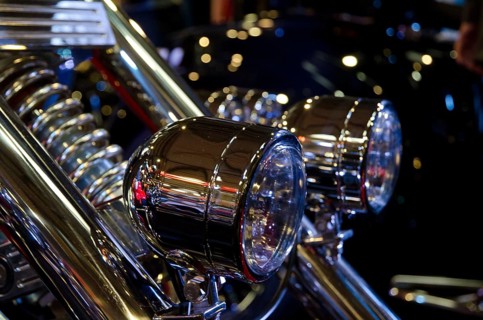 Close-up of sparkling chrome headlights on a motorbike, dortmund, germany