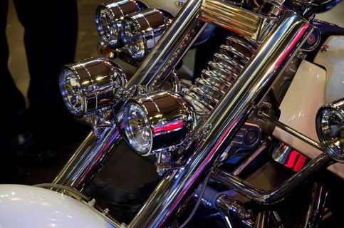 Front part of a motorbike with shiny chrome headlights and white design, dortmund, germany