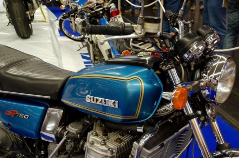 Blue Suzuki motorbike GT750 in retro style with chrome-coloured details at a trade fair, dortmund,