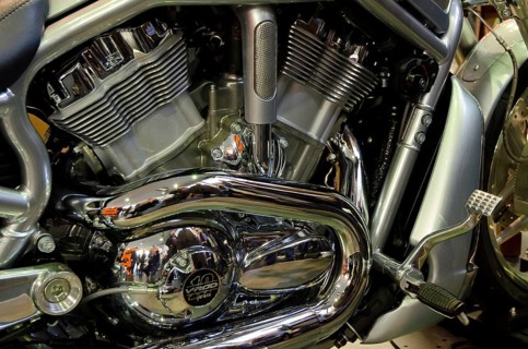 Close-up of a motorbike engine block with silver chrome and powerful design, dortmund, germany