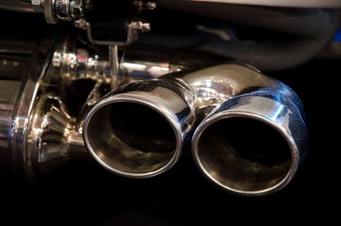 Close-up of a shiny chrome motorbike exhaust, dortmund, germany