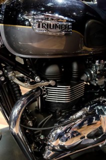 Detailed view of a Triumph motorbike with black and chrome engine, dortmund, germany