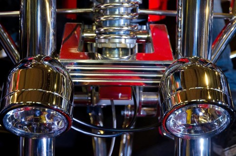 Close-up of chrome parts and headlights of a motorbike with mechanical precision, dortmund, germany